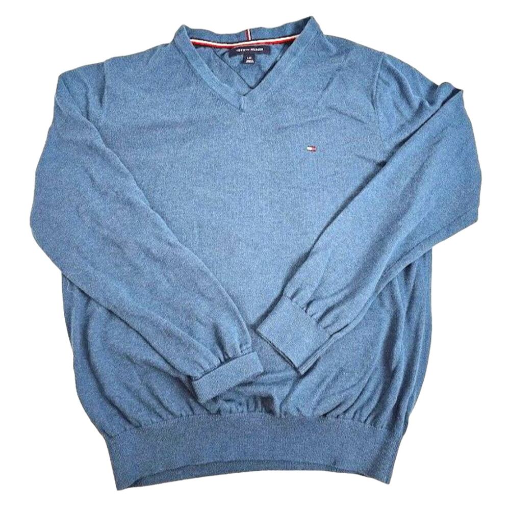 TOMMY HILFIGER Womens V-Neck Sweater Blue LARGE